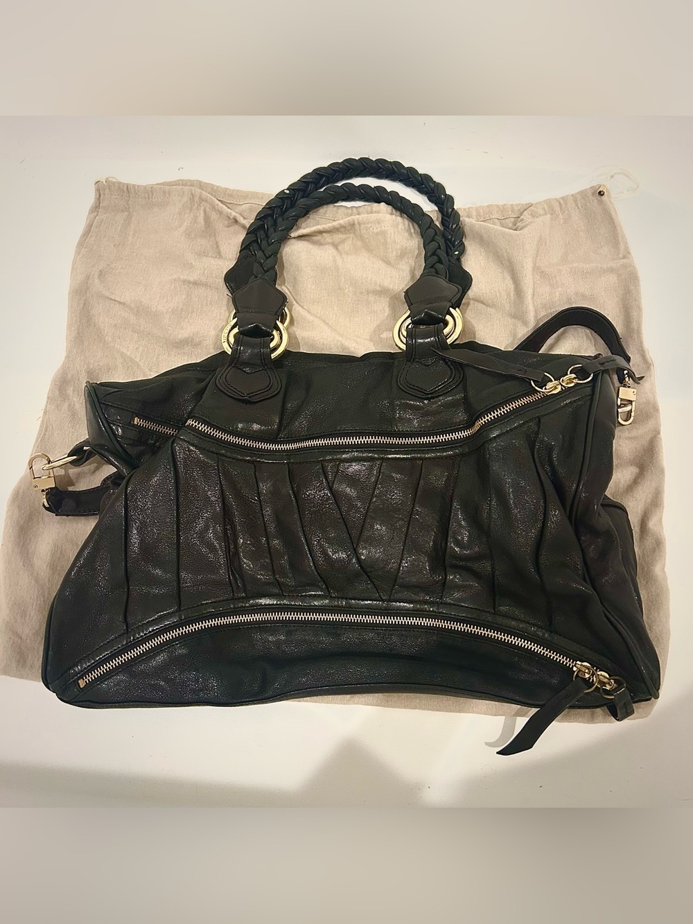 Botkier Sasha Large Black Leather Satchel Braided Handles Y2K Dust Bag
